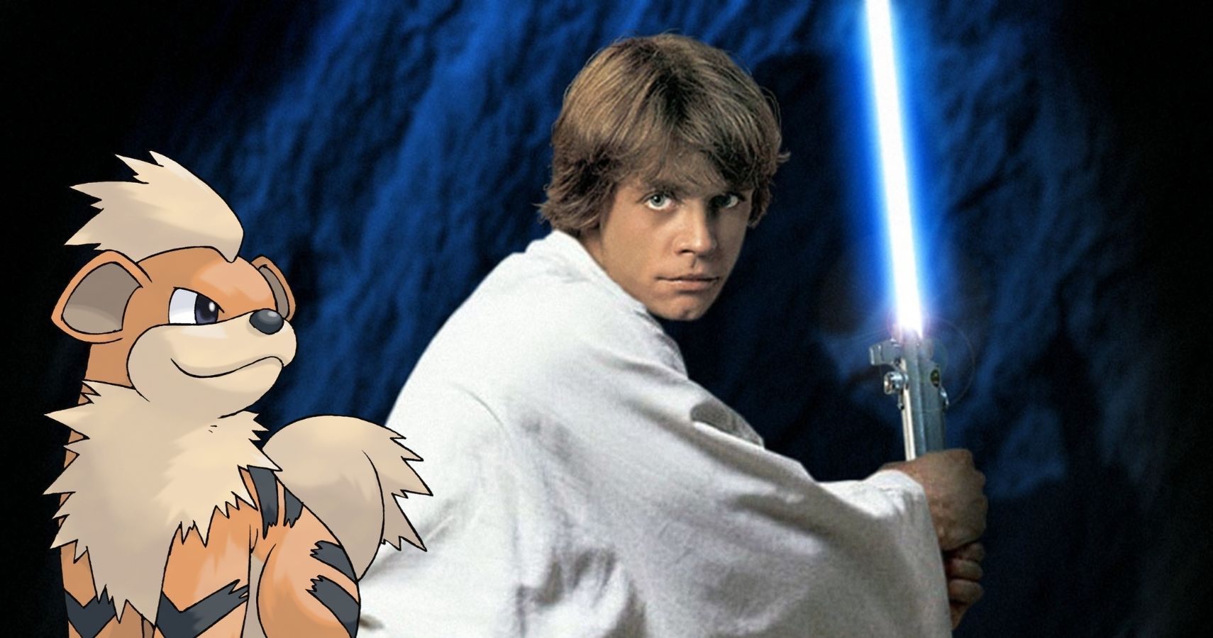 Luke holds his lightsaber and Growlithe stands next to him