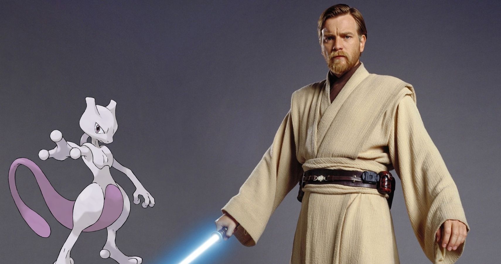 Obi-Wan holds his lightsaber with Mewtwo in the background
