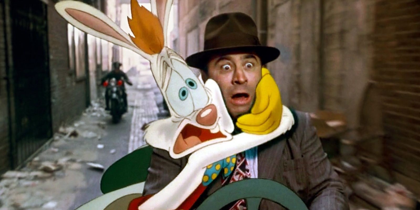 Roger holding onto Eddie as they're about to crash their car in Who Framed Roger Rabbit