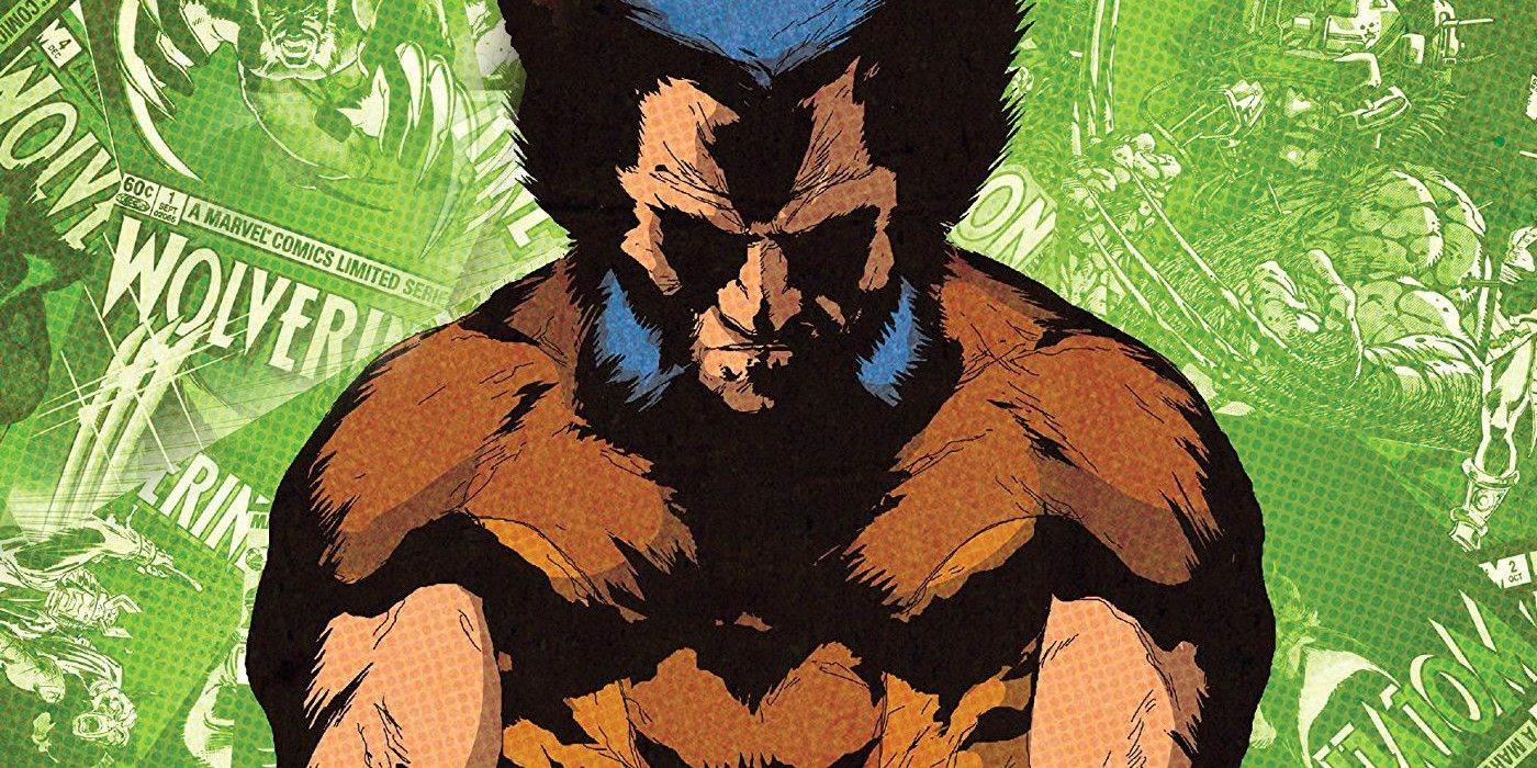 A classic illustrations of Wolverine, out of costume (foreground) with old issues of Wolverine piled behind him.