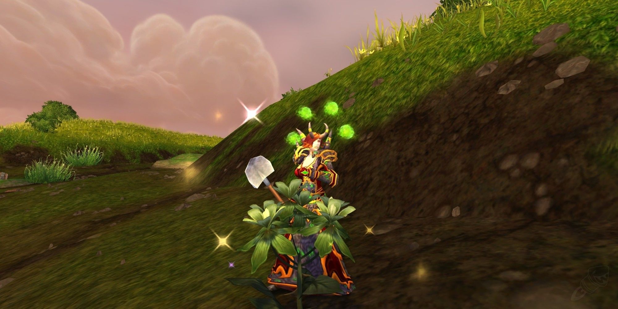 A player gathers herbs in the Herbalist profession in World of Warcraft