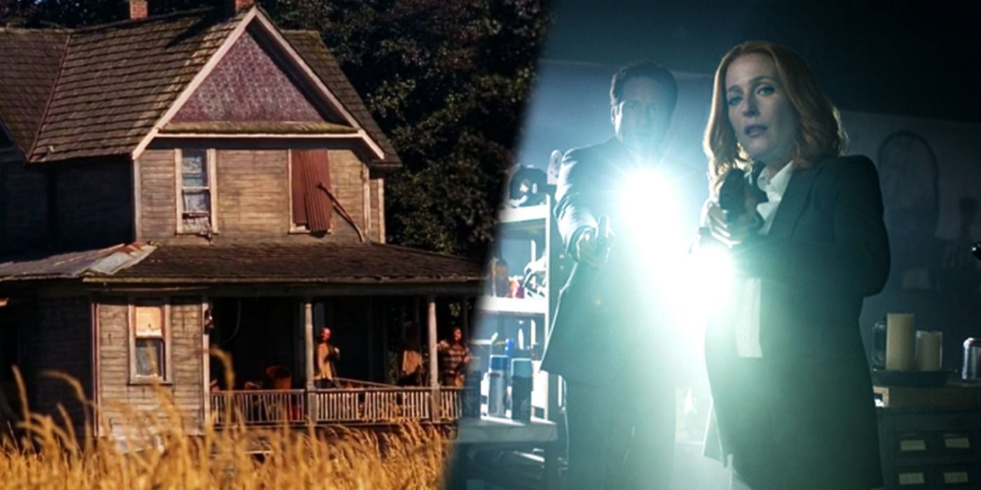 A split image of the house in the X-Files episode &quot;Home&quot; and Mulder and Scully investigating