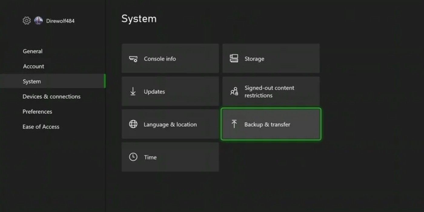 Xbox One Settings menu for backup and transfer