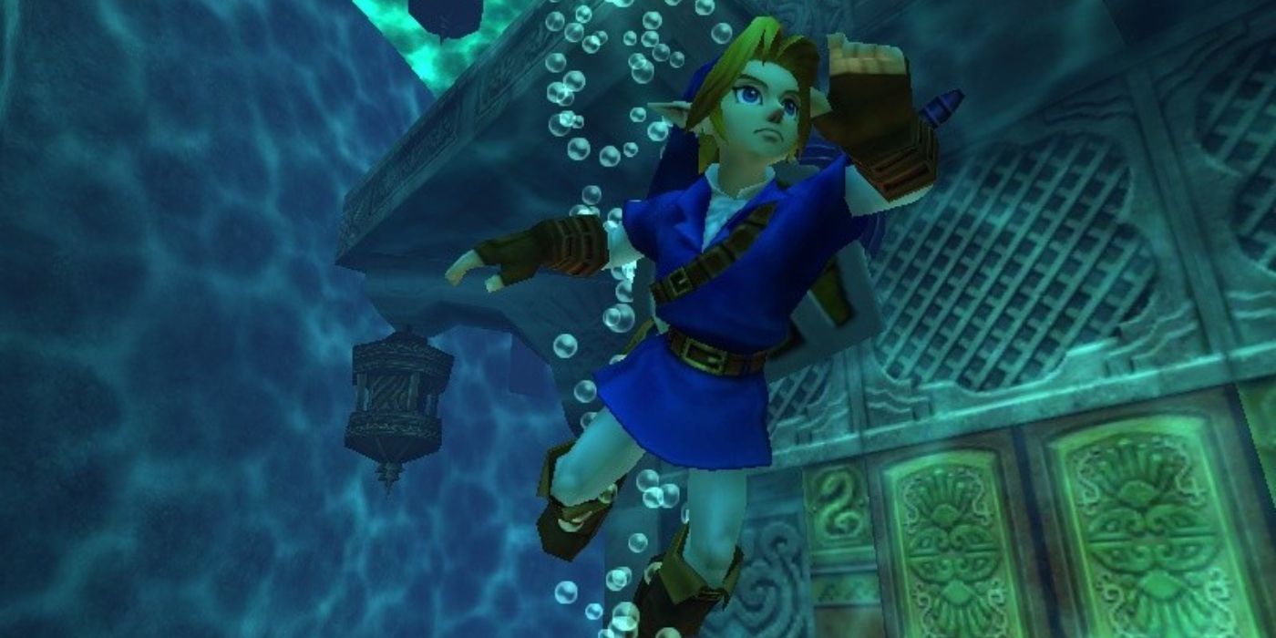 Link s wimming in the Water Temple level in Zelda Ocarina Of Time 