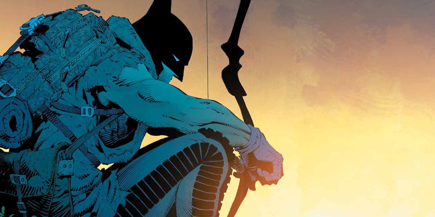 Batman sitting atop a gargoyle at dawn with his backpack and bow on-hand
