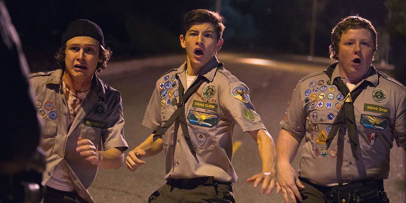 Three boy scouts going up against a zombie in A Scout&rsquo;s Guide To The Zombie Apocalypse