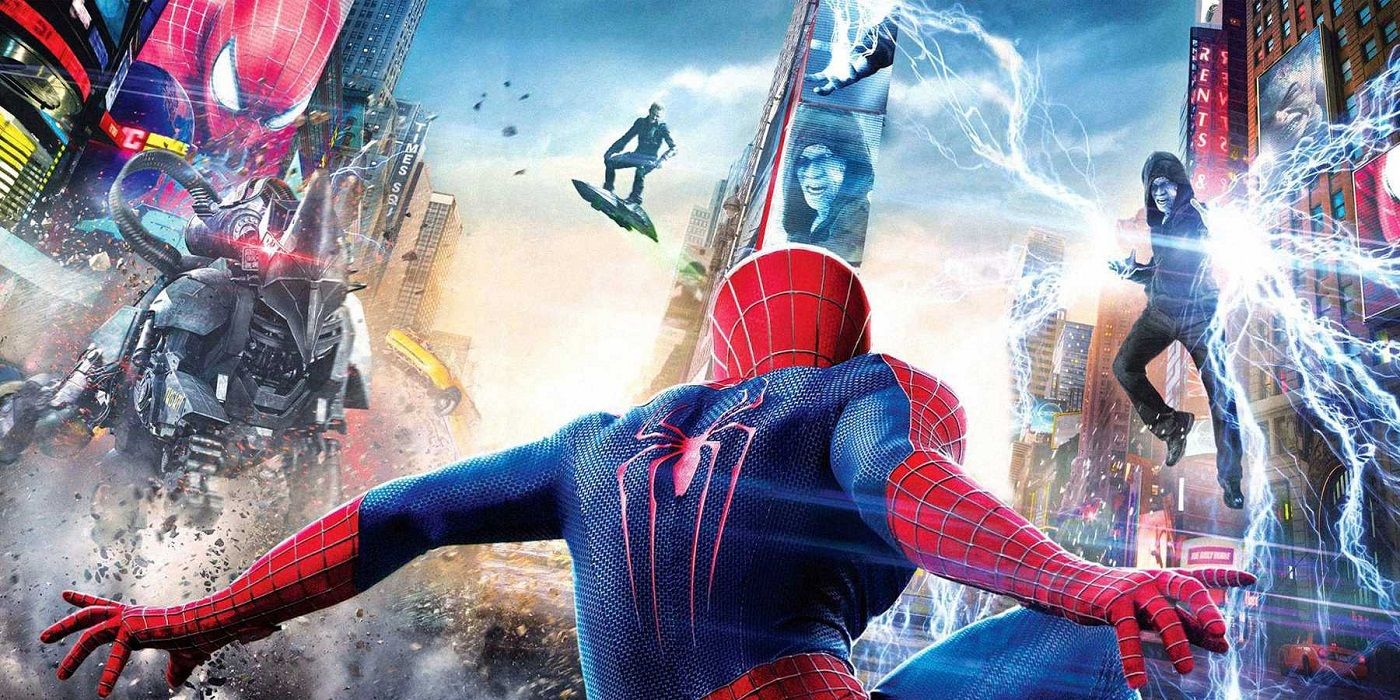 Spider-Man facing of against Electro and the Green Goblin in Times Square