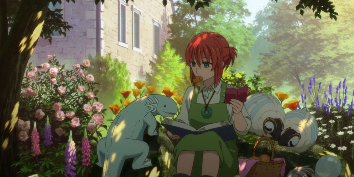 Chise with animals in a garden in The Ancient Magus Bride