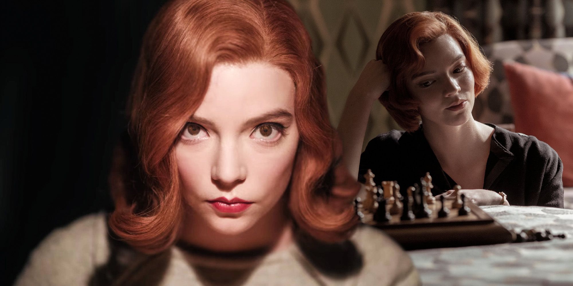 A collage of Anya Taylor Joy in The Queen's Gambit with chess pieces and looking into the camera