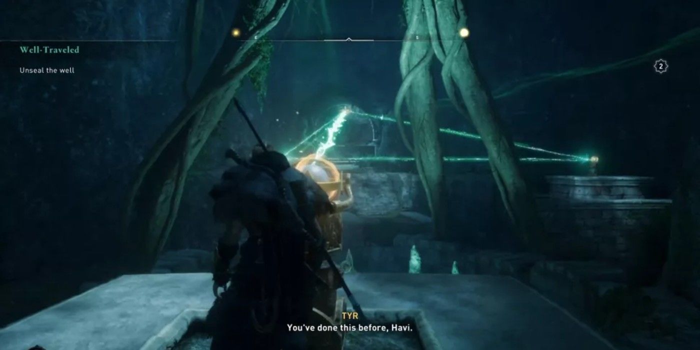 The player aims the light source orb at the Well of Urdr in Assassin's Creed: Valhalla