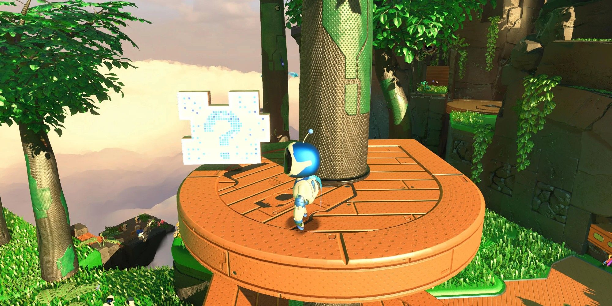 A player finds a puzzle piece on a tree platform in Renderforest in the GPU Jungle area of Astro's Playroom