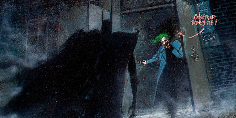 Comic book panel: the Joker in a blue trench coat taunting Batman