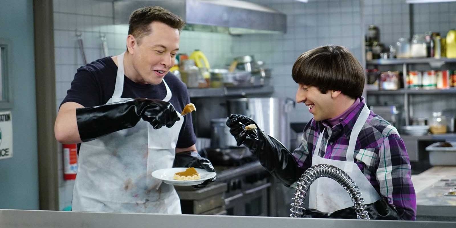 Elon Musk talking to Howard in a kitchen for TBBT