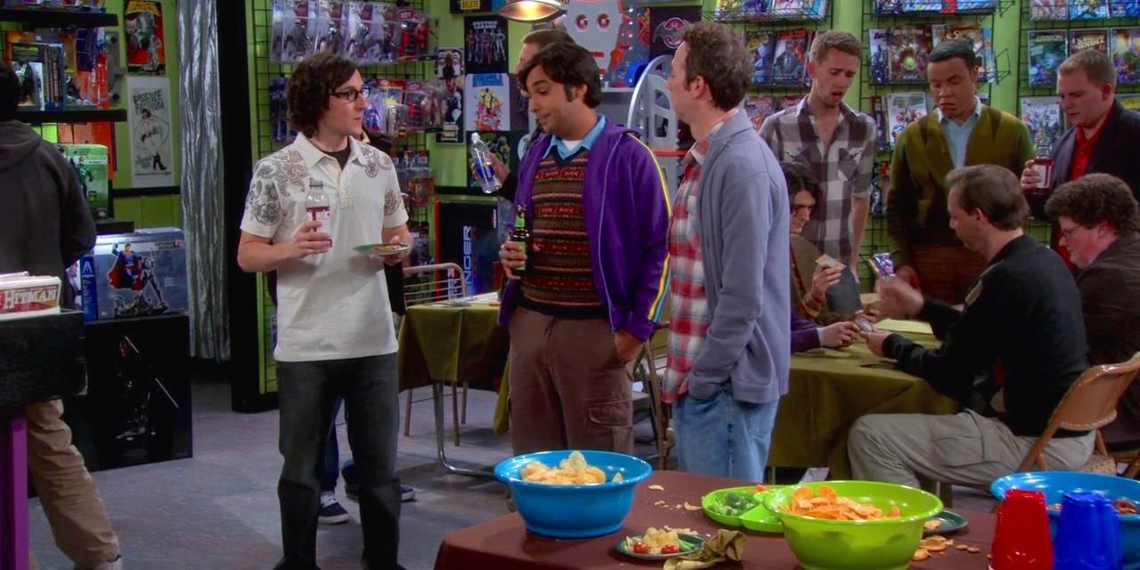 Raj is in the comic book store talking to Stuart and friends on TBBT