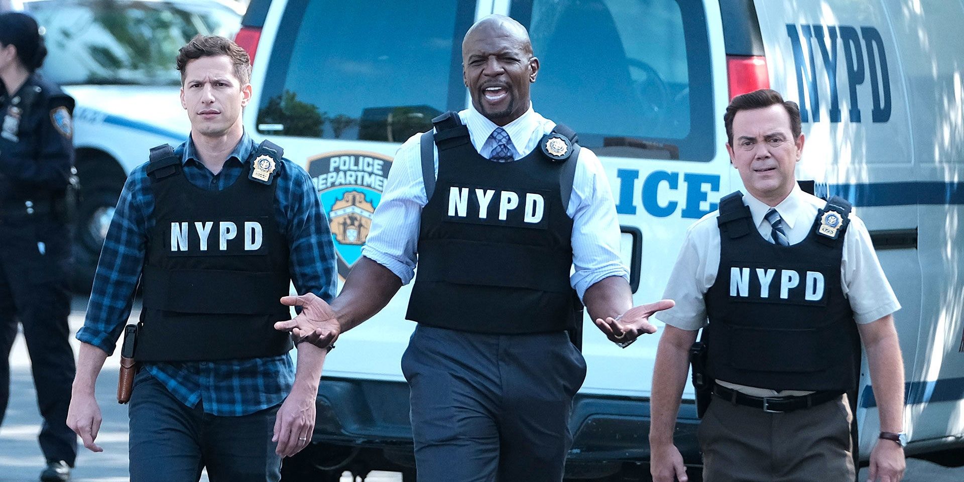 Peralta, Terry, and Boyle walking in Brooklyn 99