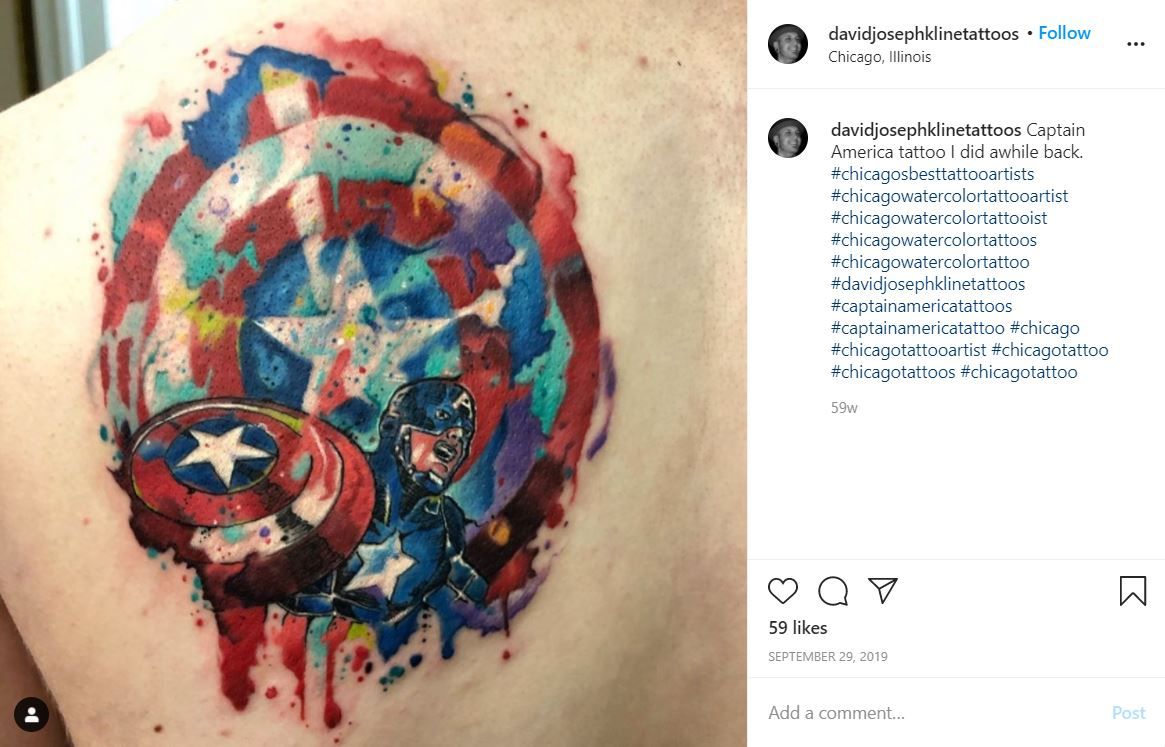 A Captain America Tattoo on Davidjosephklinetattoos's Instagram