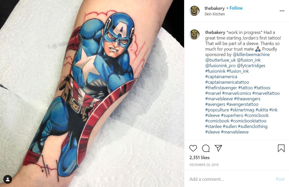 Tattoo tagged with: film and book, comic, danegrannon, patriotic, fictional  character, deadpool, big, united states of america, cartoon, facebook,  marvel, forearm, twitter, marvel character | inked-app.com