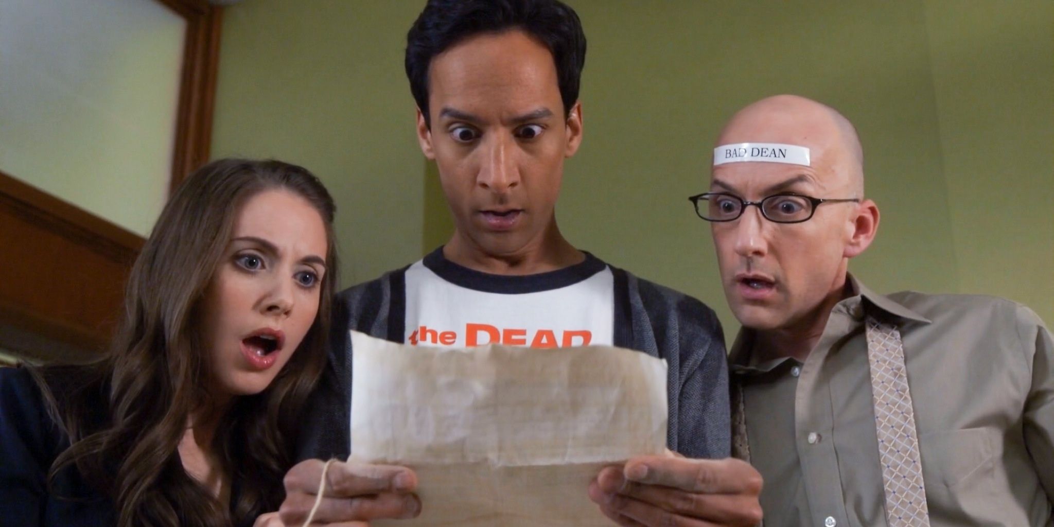 Annie, Abed and Dean Pelton in shock in Community