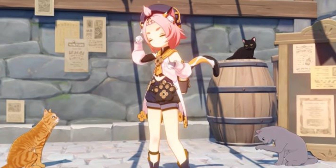 Pengguna Cryo Diona di Genshin Impact dikelilingi oleh kucing.