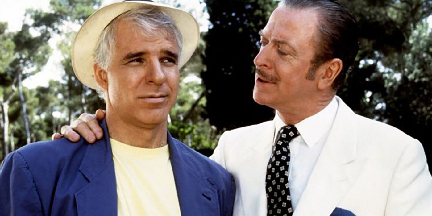 Michael Caine with his hand on Steve Martin's shoulder in Dirty Rotten Scoundrels