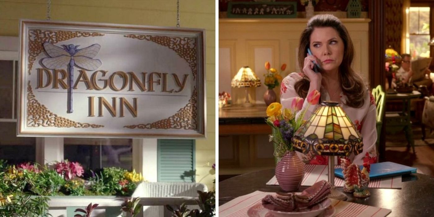 A split image features the Dragonfly Inn and Lorelai on the phone in Gilmore Girls