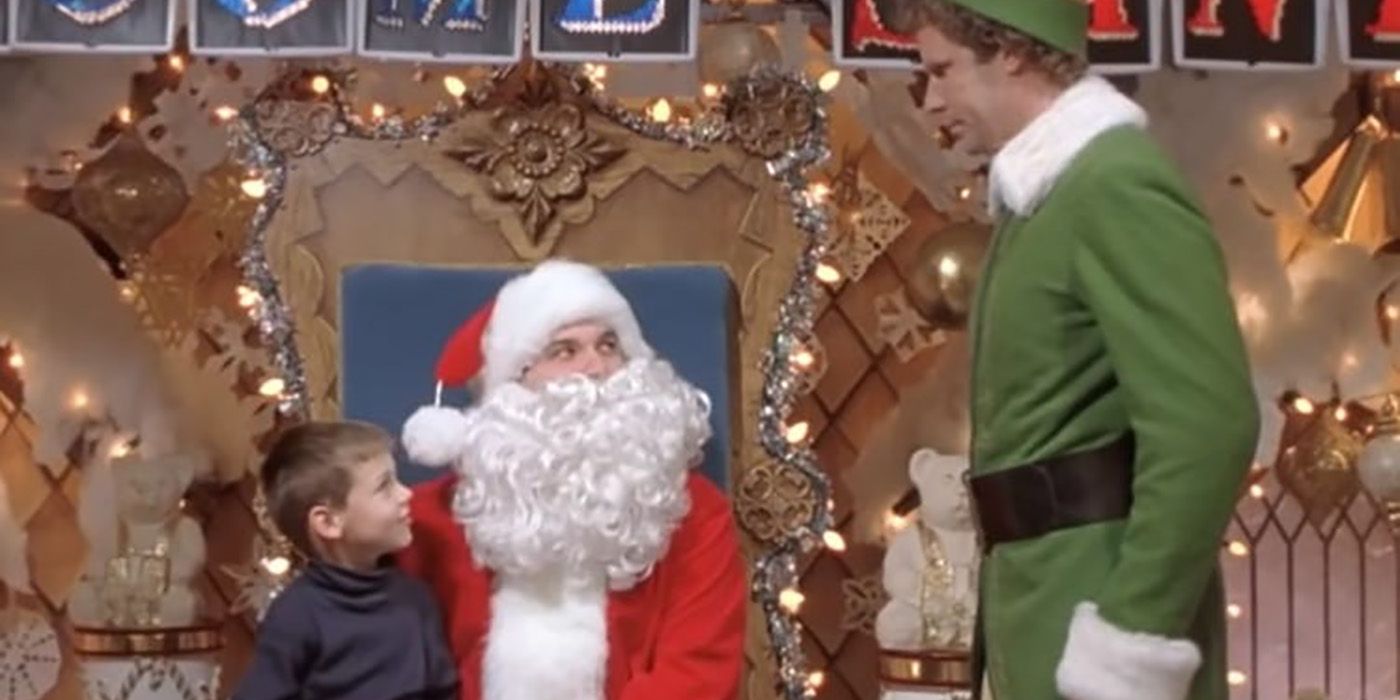 Buddy the Elf talking to a mall Santa, a child on his lap in the movie Elf.