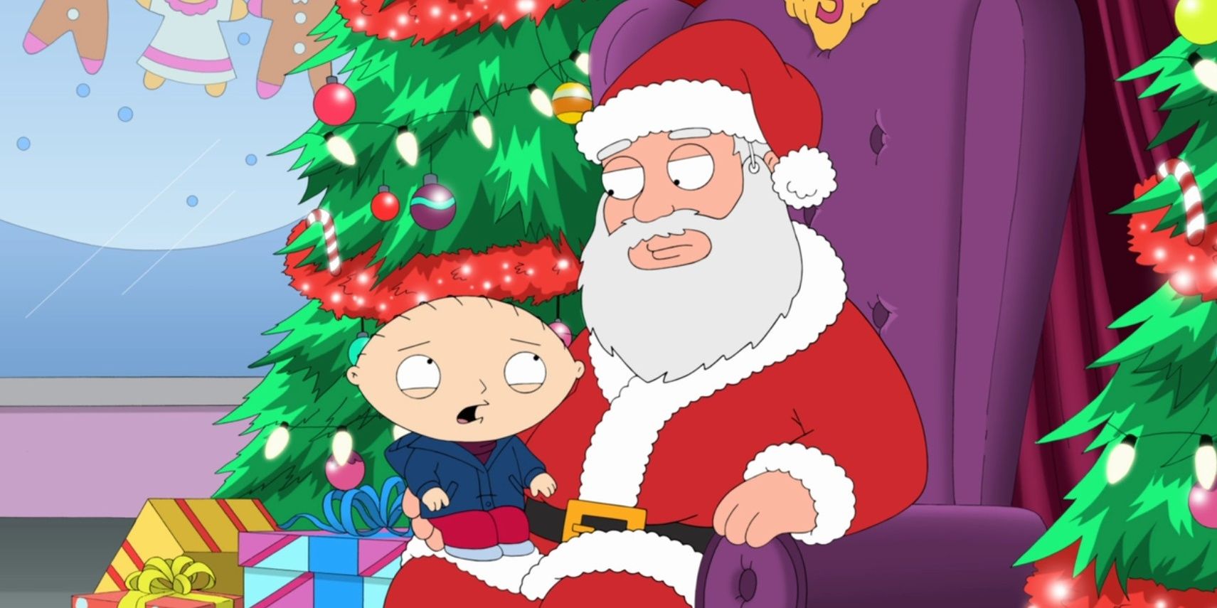 Stewie sitting on Santa's lap in Family Guy.