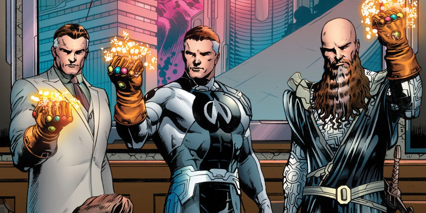 Members of the Council of Reed Richards wield versions of the Infinity Gauntlet in Marvel Comics.
