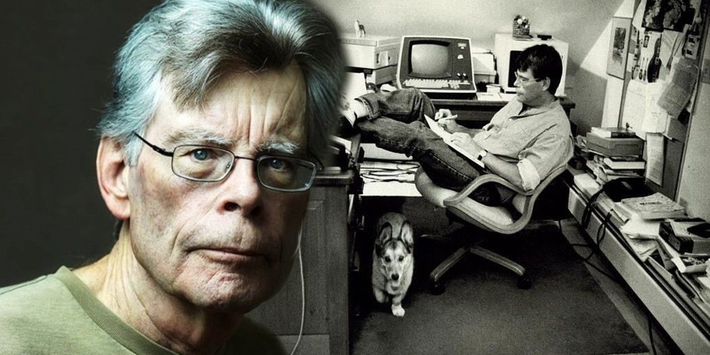 Collage of a closeup of Stephen King ad of him writing at his desk
