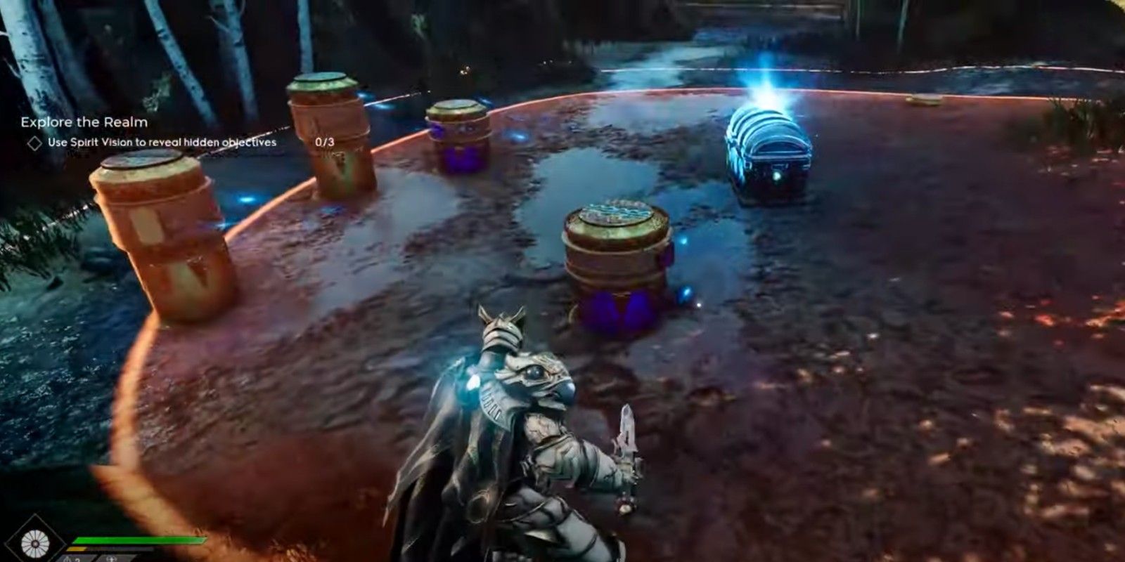 A player smashes pillars as part of a hidden objective to open a chest in Godfall