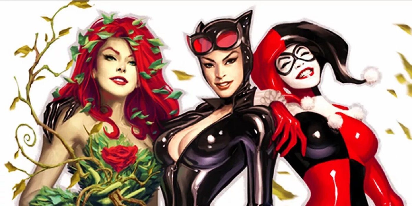 Poison Ivy, Catwoman, and Harley Quinn pose together