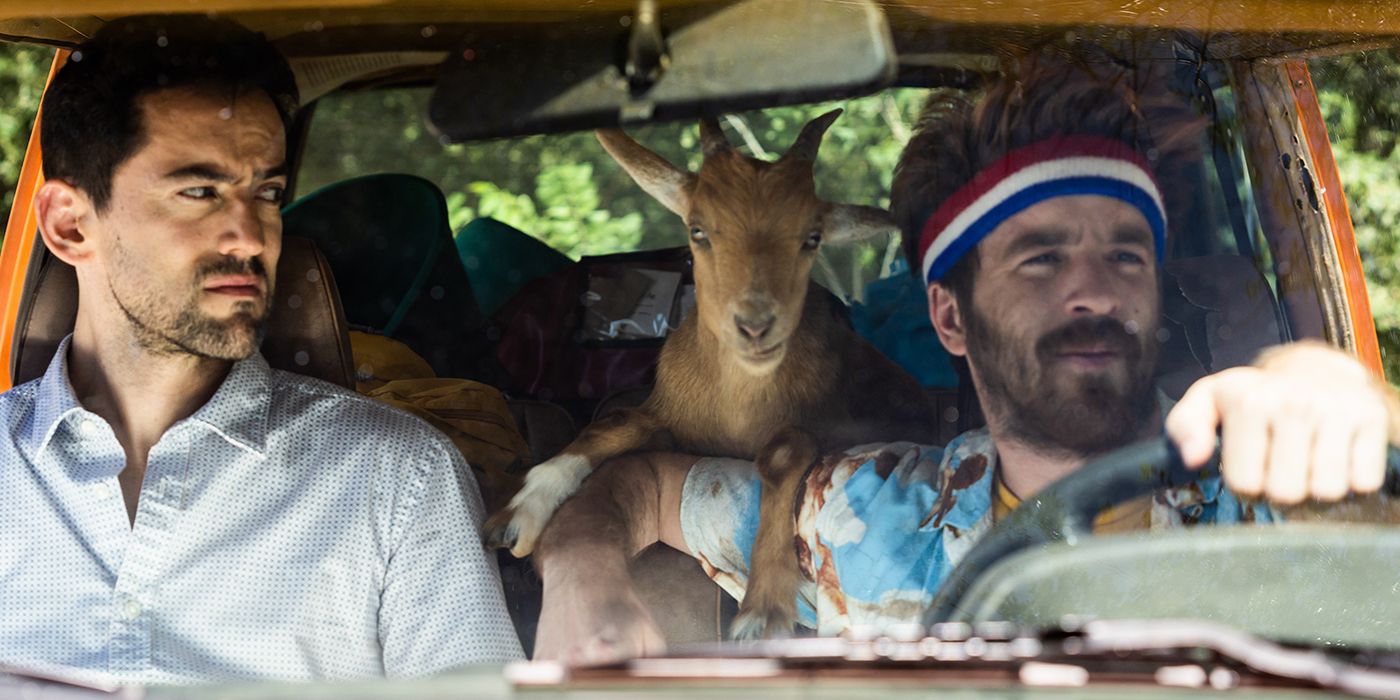 HALF BROTHERS movie cast in car with goat