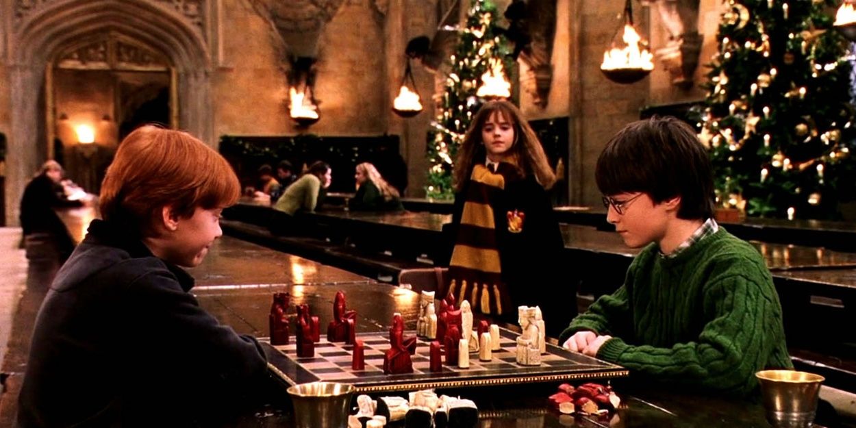 Harry playing chess with Ron at Christmas
