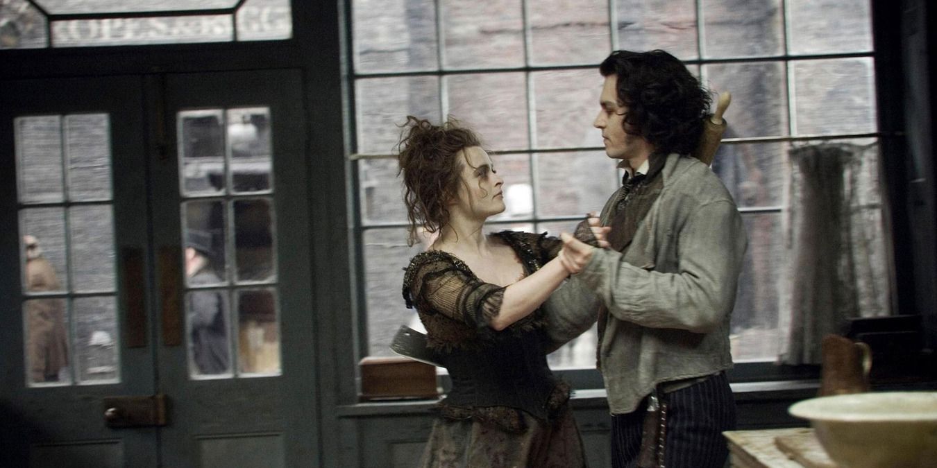 Sweeney Todd and Ms. Lovett dancing in A Little Priest
