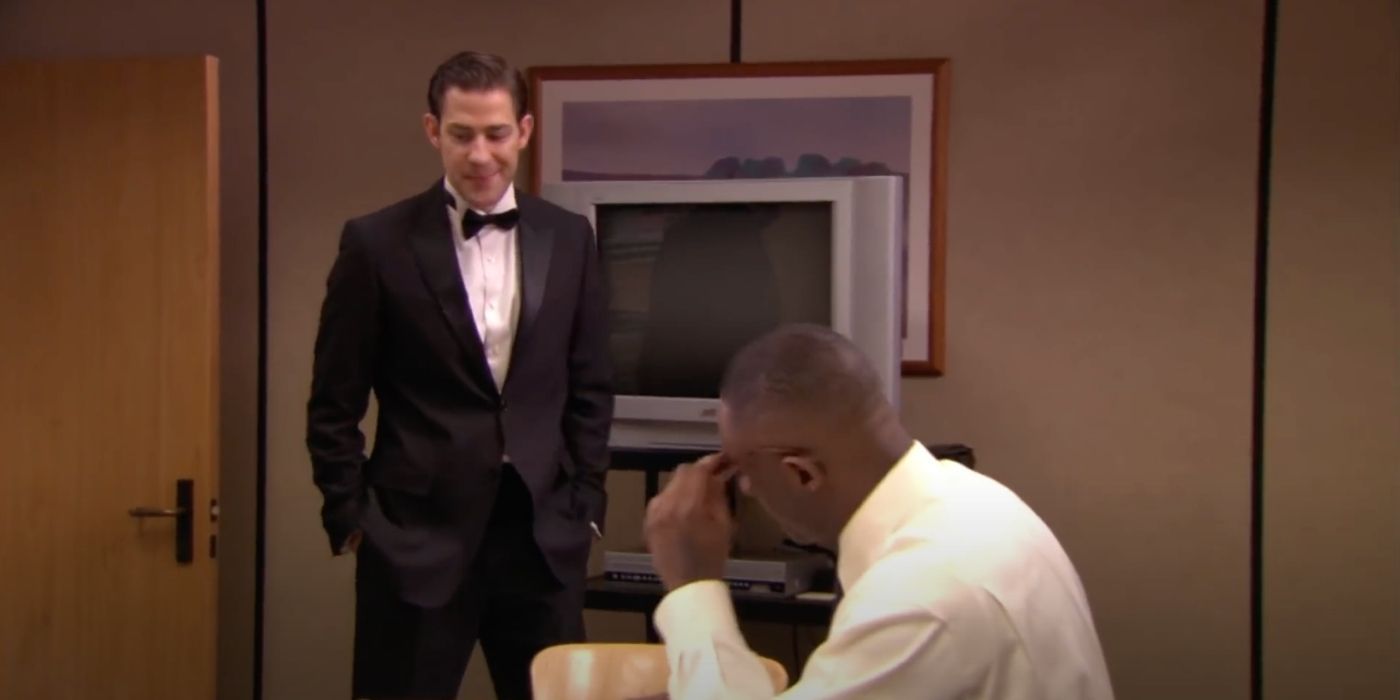 Jim wear a tuxedo in front of Charles in The Office