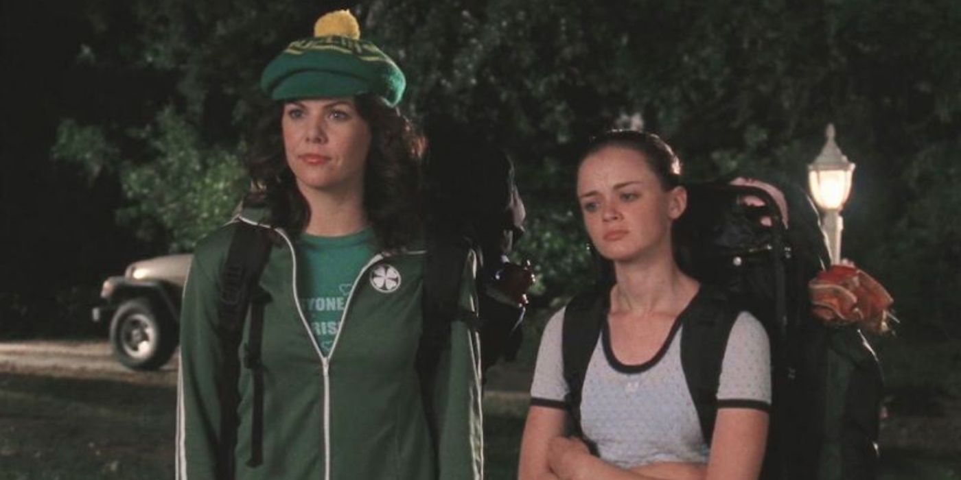Lorelai and Rory wearing backpacks and home after travel on Gilmore Girls