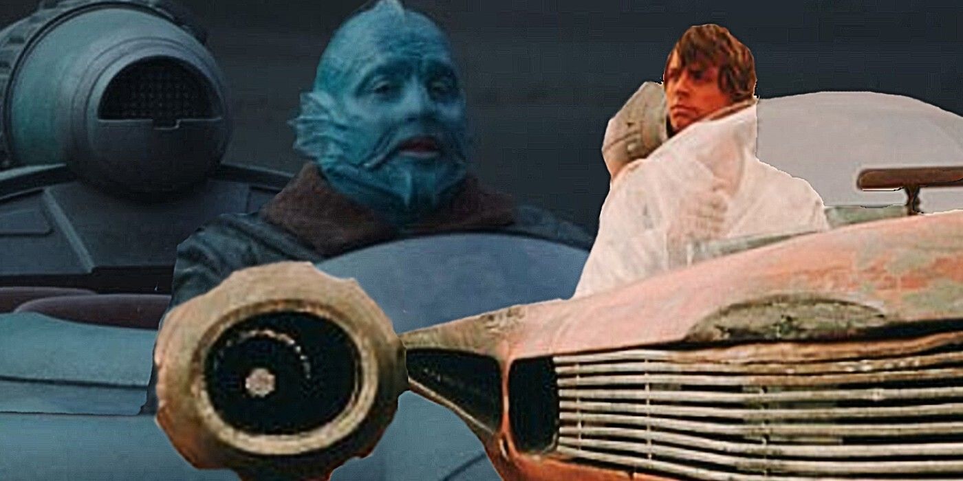 Luke Skywalker in Star Wars A New Hope and Mythrol in The Mandalorian Season 2 in Landspeeders