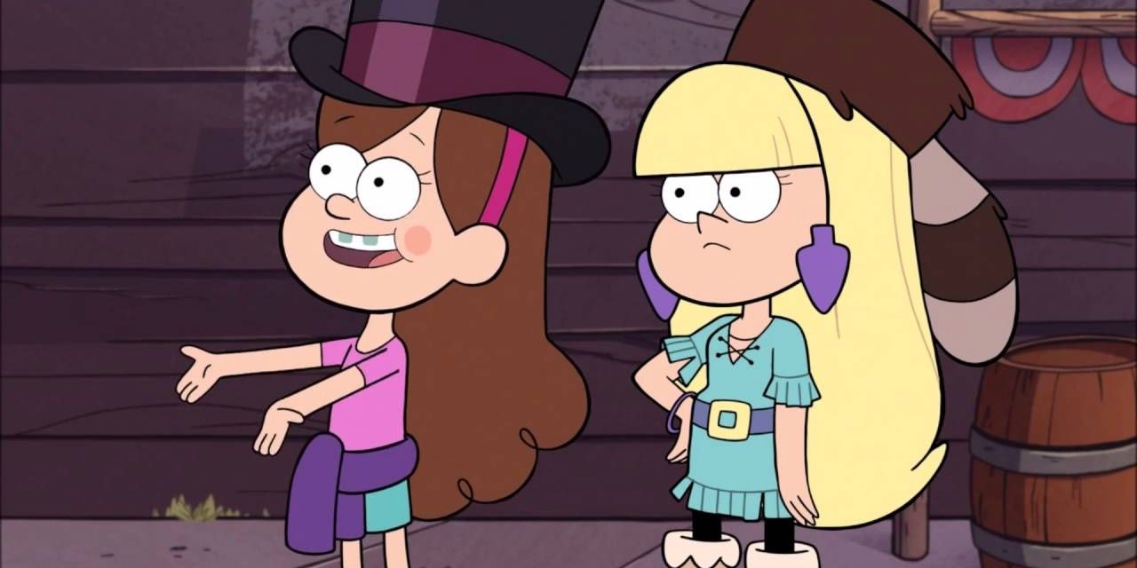 Mabel and Pacifica in Gravity Falls wearing funny hats