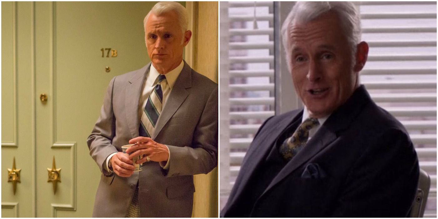 Roger Sterling from Mad Men leaning and smiling