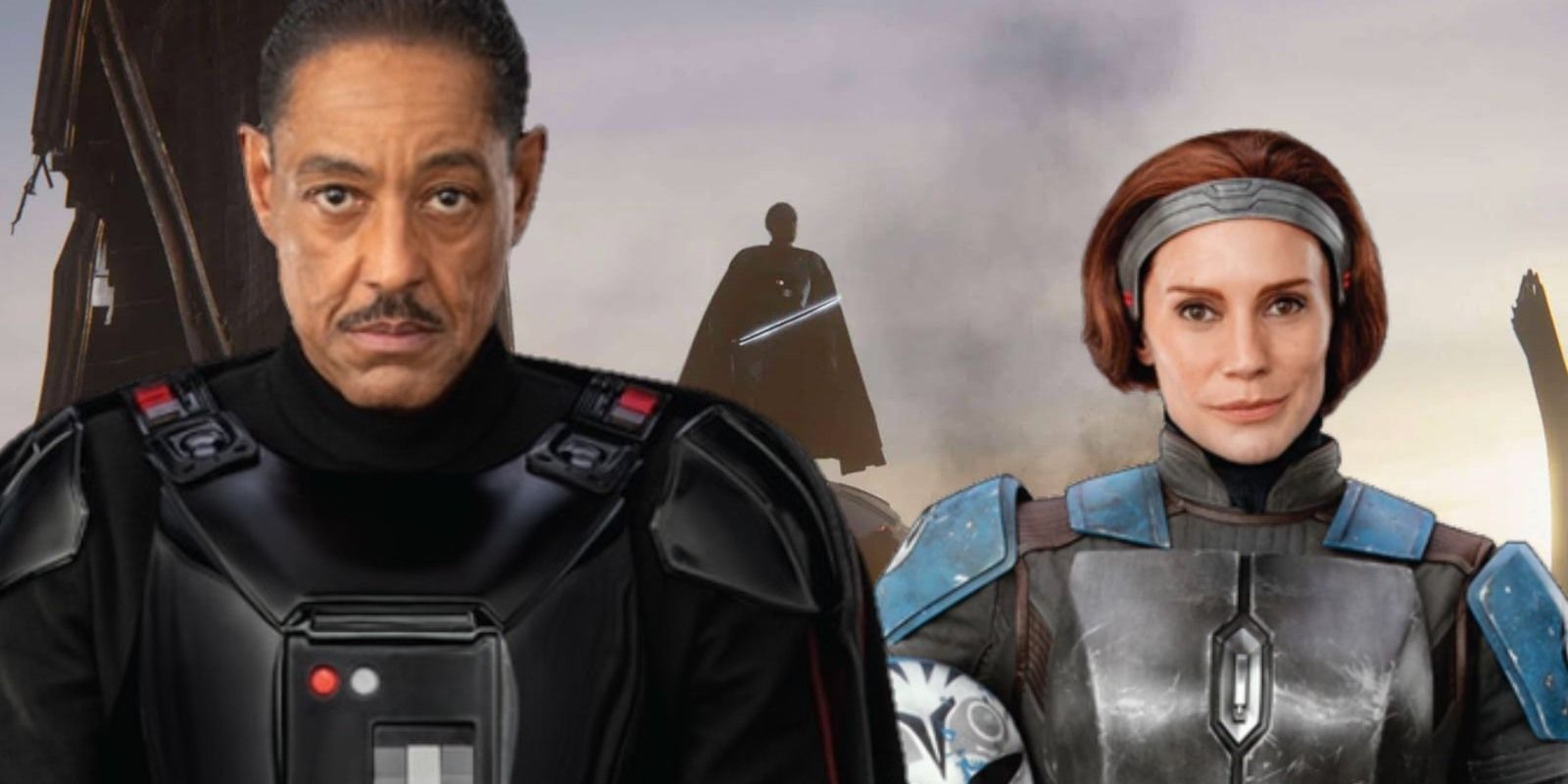 The Mandalorian Moff Gideon and Bo Katan Stand in Front of Ship