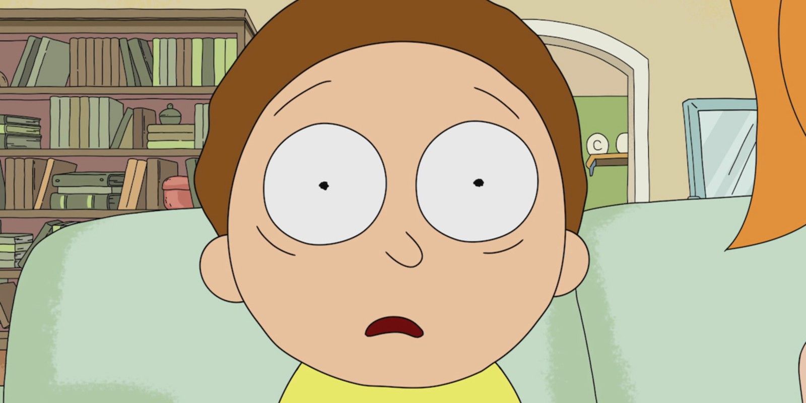 Close up of Morty looking scared in Rick and Morty 