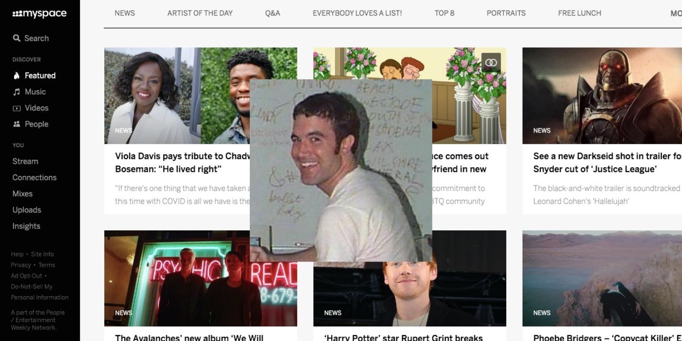 A photo of Tom Anderson on a screenshot of MySpace today