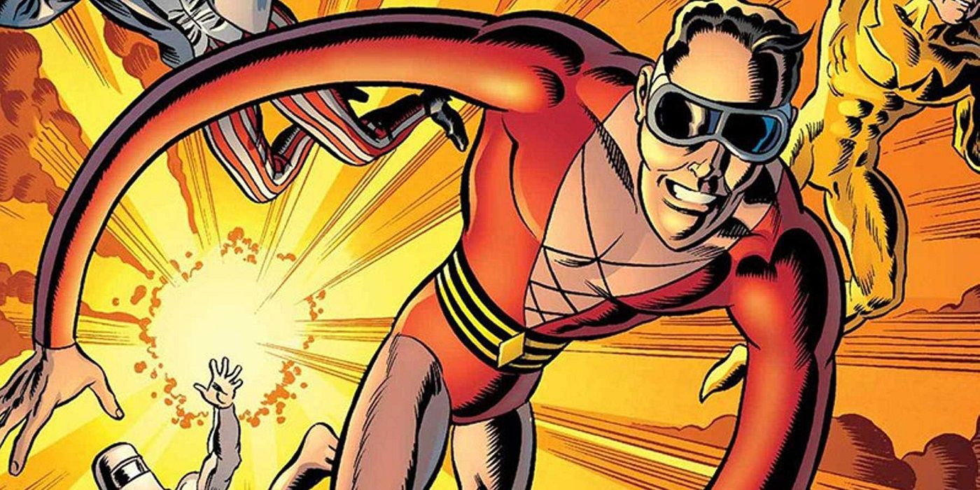 Plastic Man stretching away from an explosion
