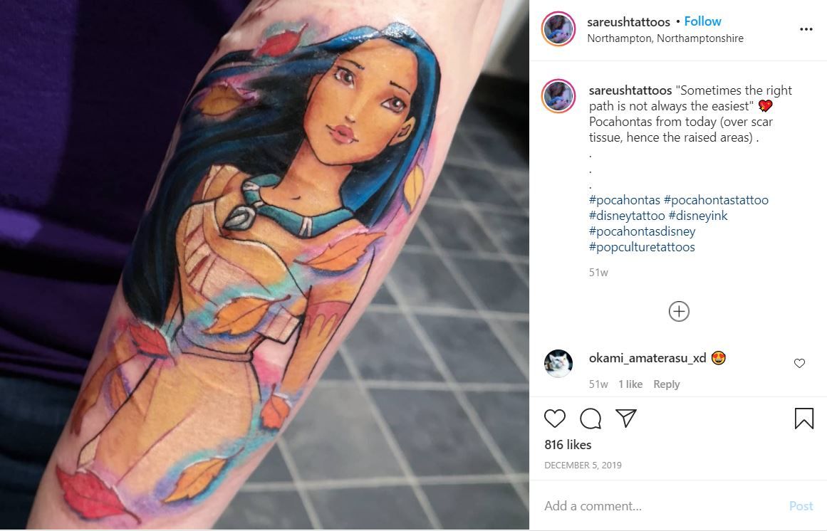 Pocahontas tattoo by @sareushtattoos on Instagram