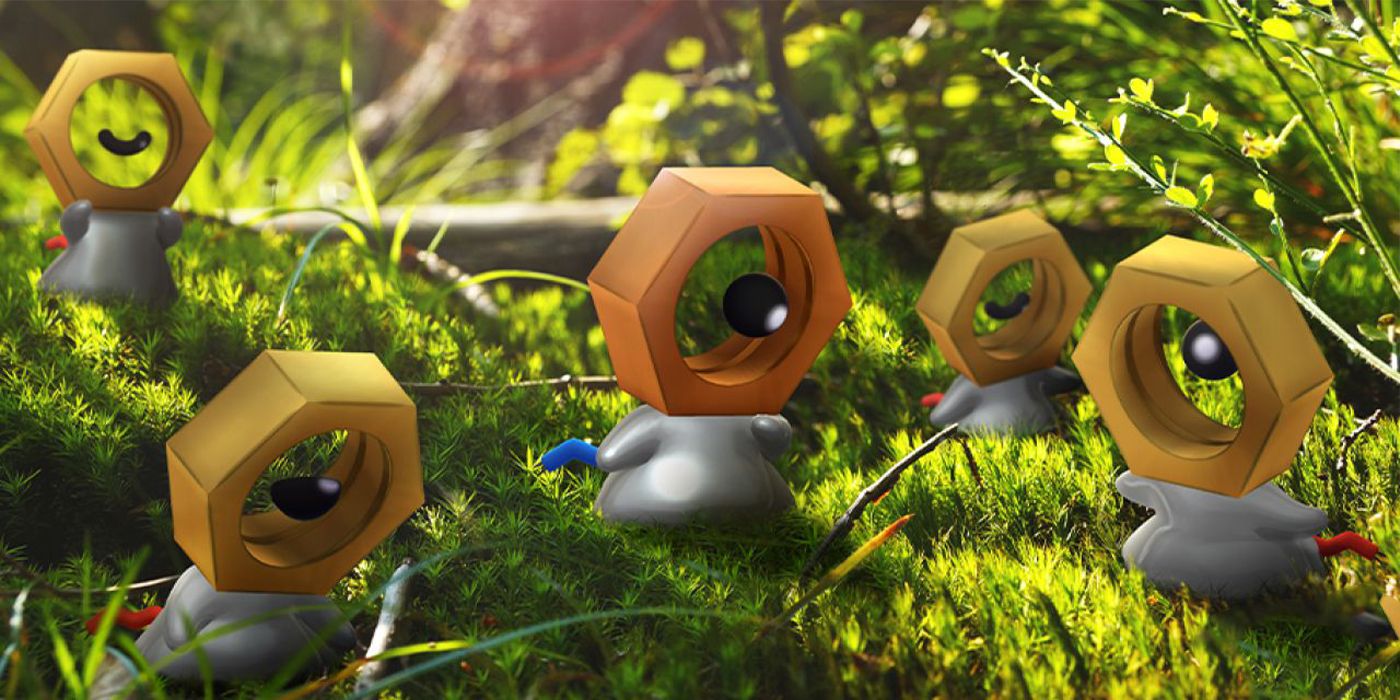 Pokemon GO promotional image showing Shiny Meltan in a grassy environment.