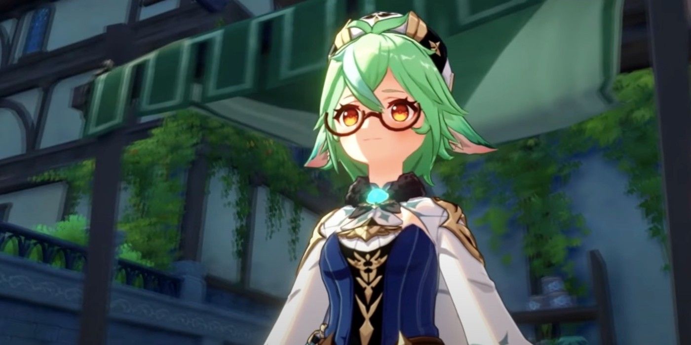 Sucrose looks in front of her while wearing glasses in Genshin Impact.