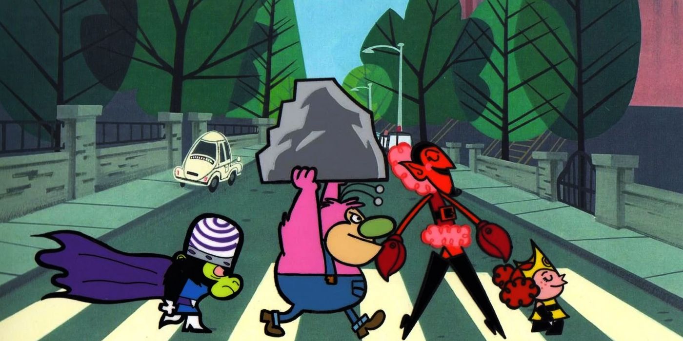 Mojo Jojo, Fuzzy Lumpkins, HIM, and Princess Morebucks parody the Abbey Road album cover. 