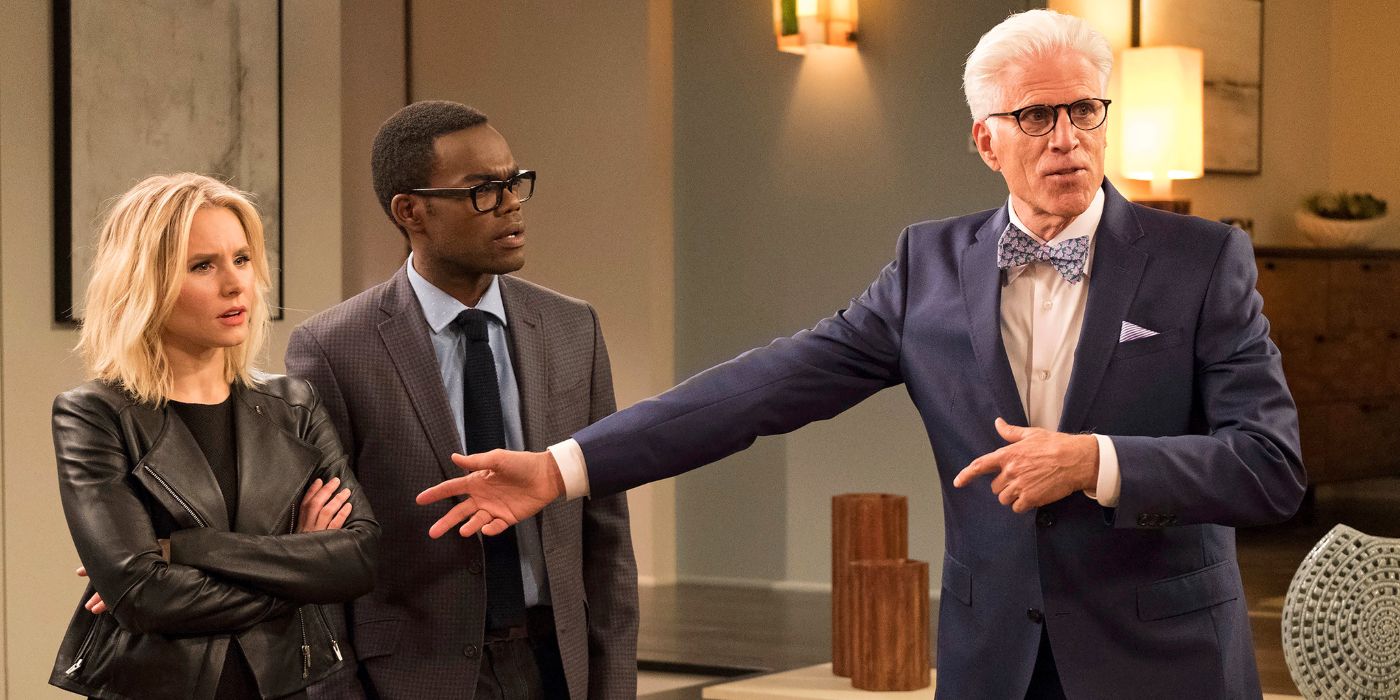 Eleanor, Chidi, and Michael standing together in The Good Place