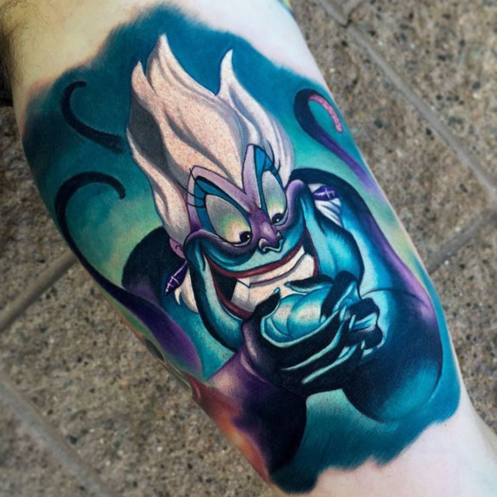 A tattoo of Ursula from The Little Mermaid by Audie Fulfer Jr. 