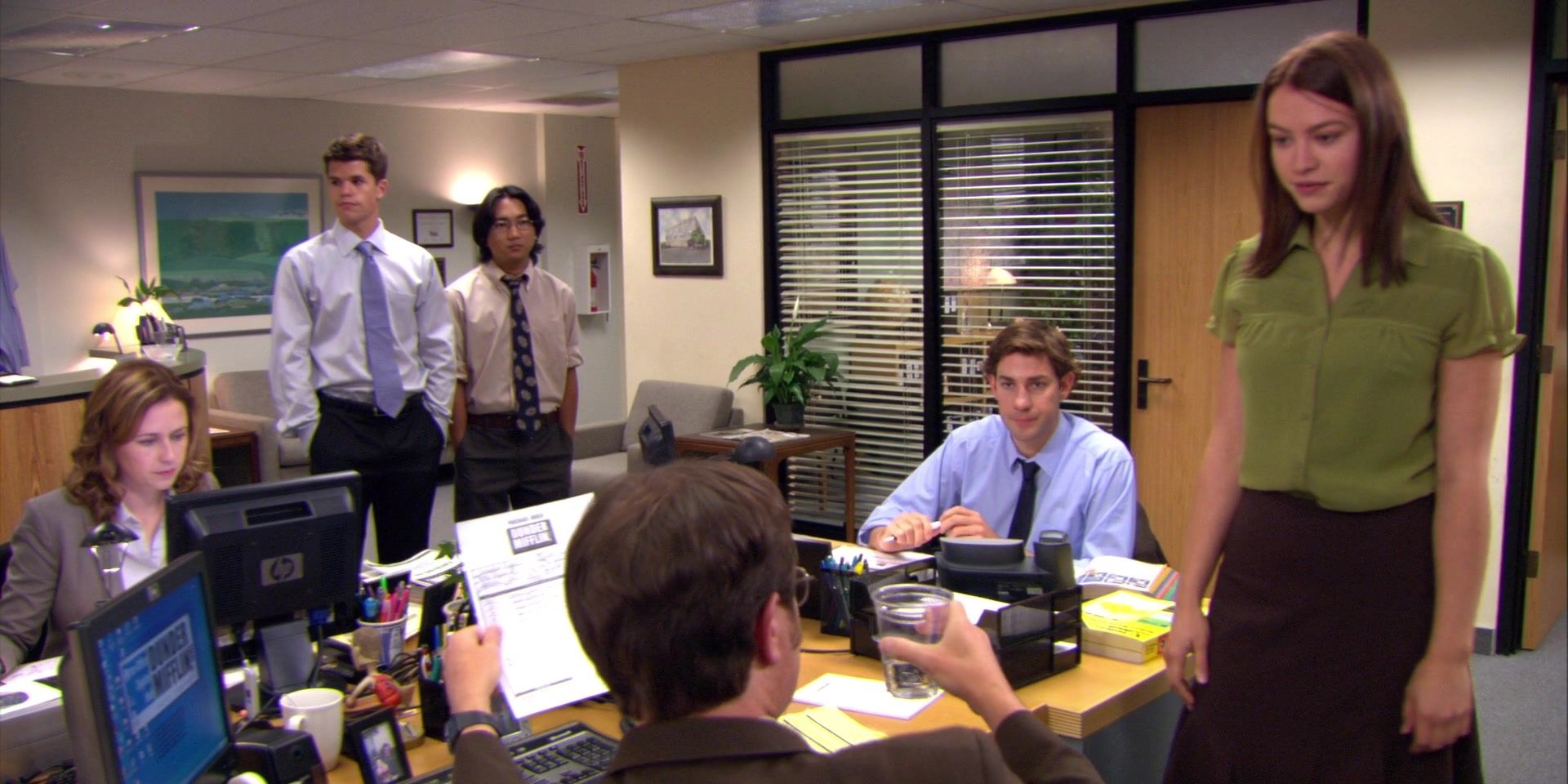 the interns questioning Dwight in The Office episode "Gossip"